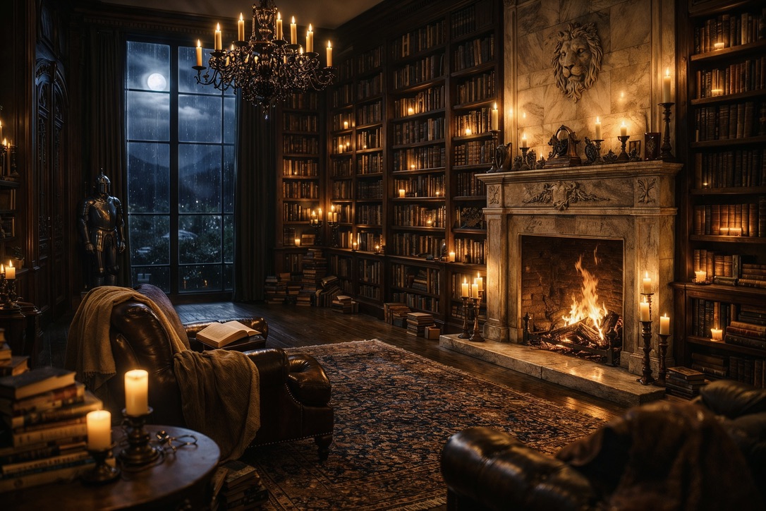 Stormy Night in a Castle Library