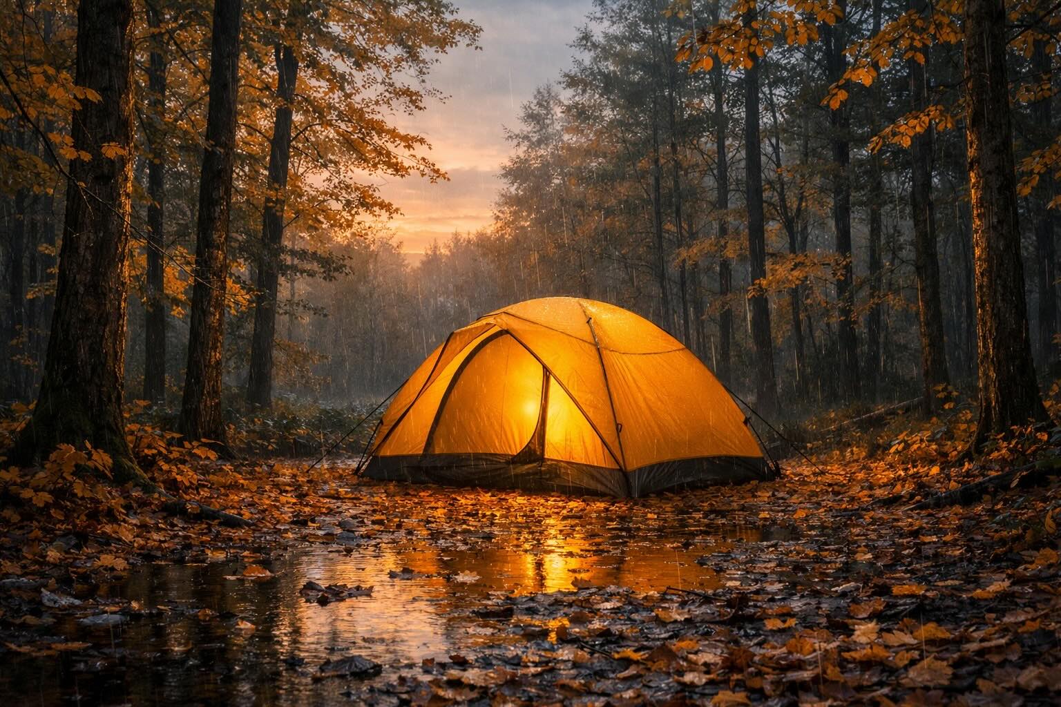 Rainy Camping Tent at Sunset