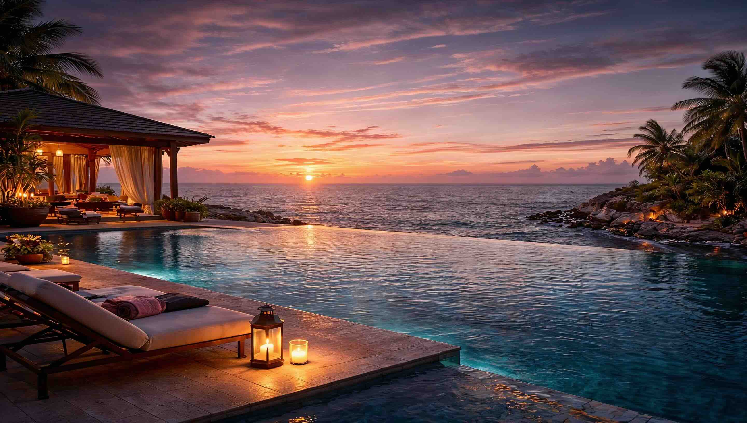 Lujosa piscina al atardecer